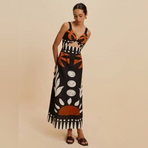 Commense Black and Orange Cutout Sleeveless Ornate Floral Midi Dress
